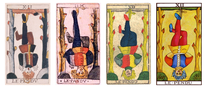 Four versions of the Hanged Man trump of the Tarot de Marseille